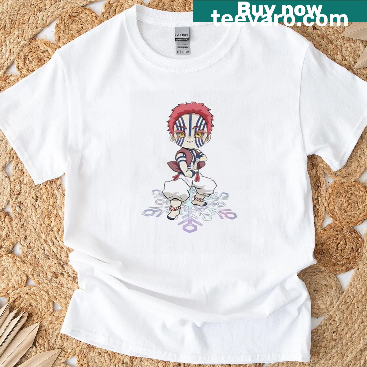 Akaza graphic t-shirt featuring a fantasy demon design — on a men's t-shirt
