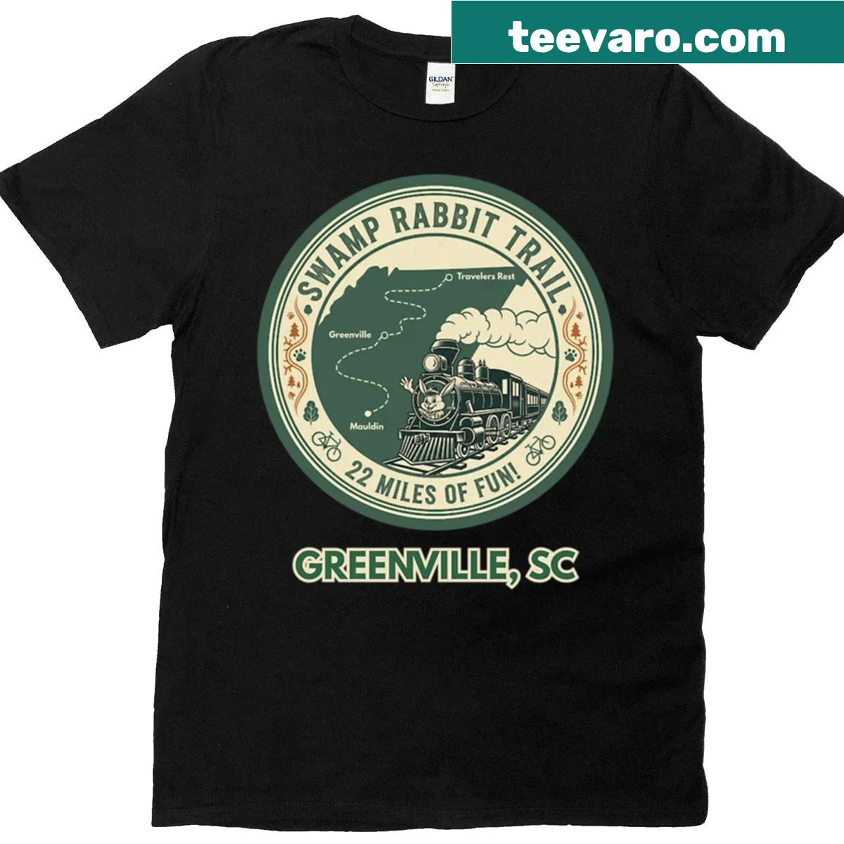Illustrative Adventure-themed t-shirt celebrating the Swamp Rabbit Trail — on a men's t-shirt