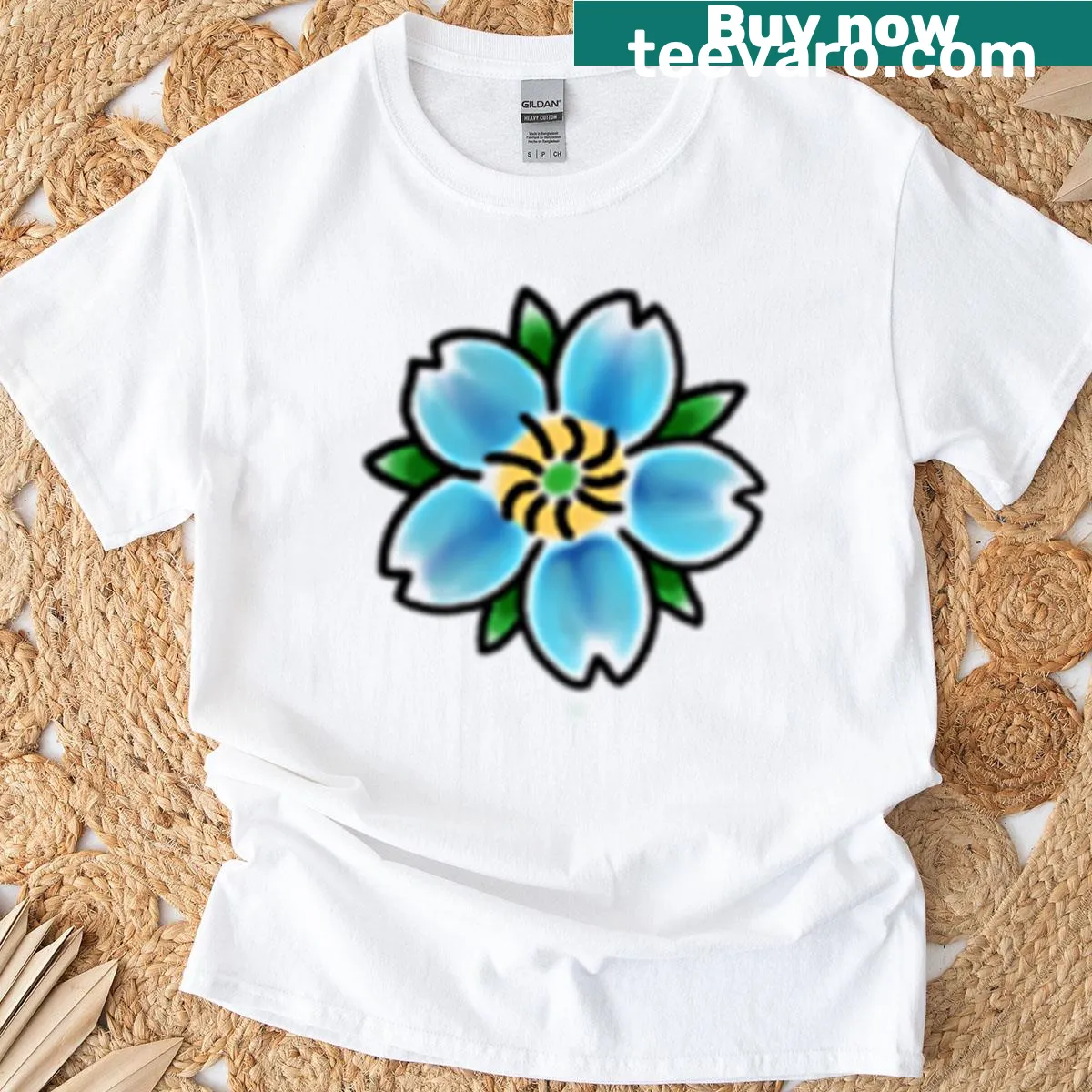Illustrative American Trad Flower t-shirt celebrating nature — on a men's t-shirt