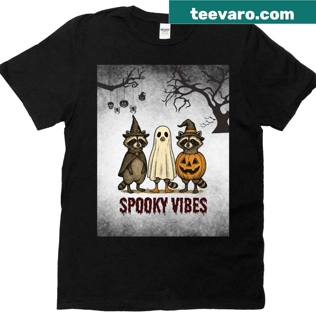 Halloween T-shirt featuring raccoons as ghosts and pumpkins — on a men's t-shirt