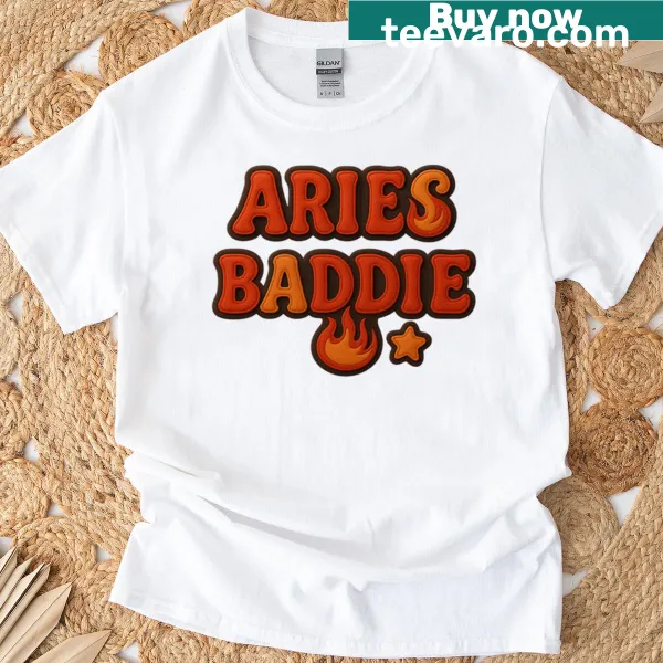 Bold Aries zodiac T-shirt with 3D felt text in gold, red, and black