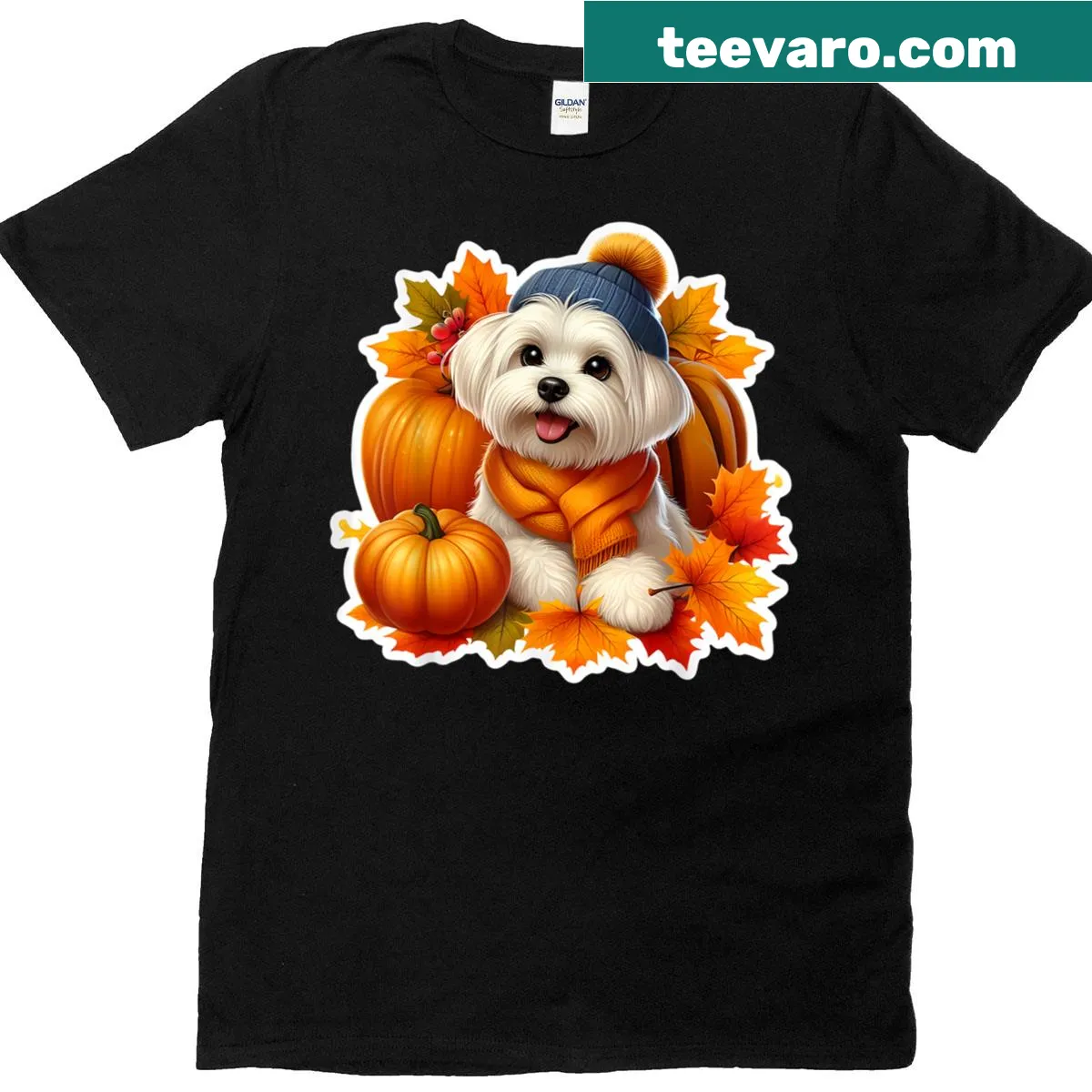 Vintage-style autumn design featuring pumpkins and leaves with a Maltese — on a men's t-shirt