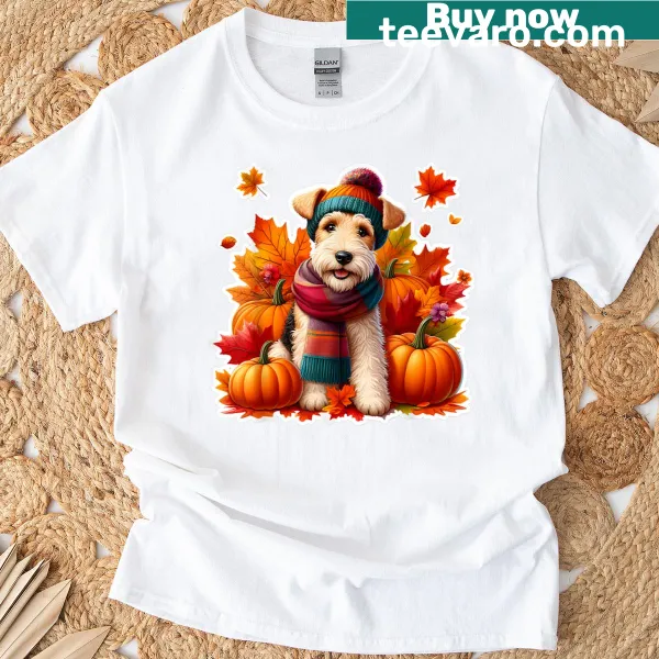 Vintage T-shirt featuring a Wire Fox Terrier and pumpkins