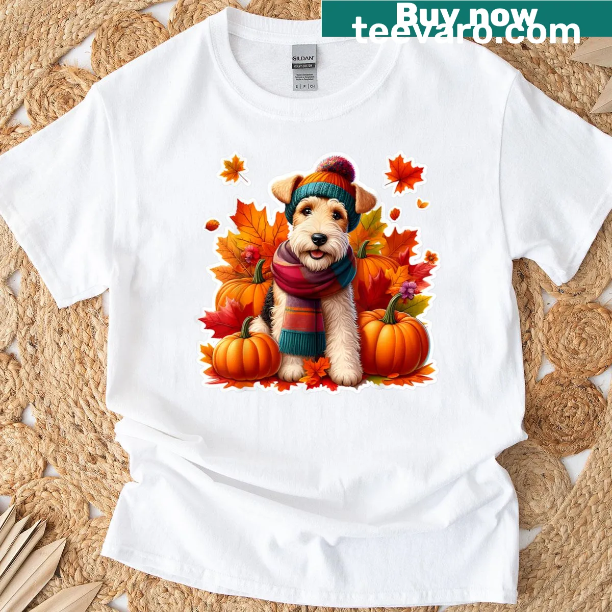 Vintage T-shirt featuring a Wire Fox Terrier and pumpkins — on a men's t-shirt