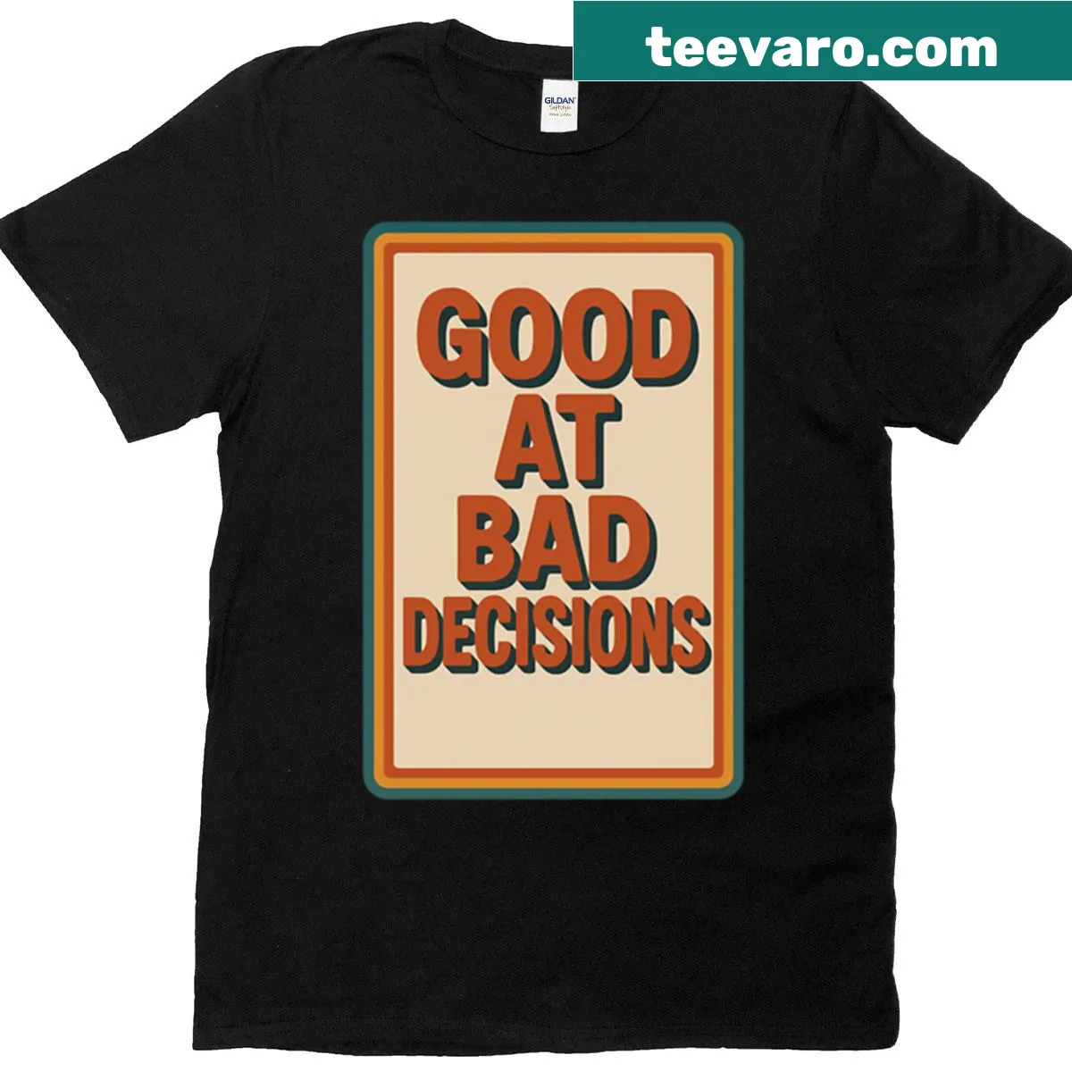 Bold typography Bad Decisions t-shirt featuring a humorous phrase. — on a men's t-shirt