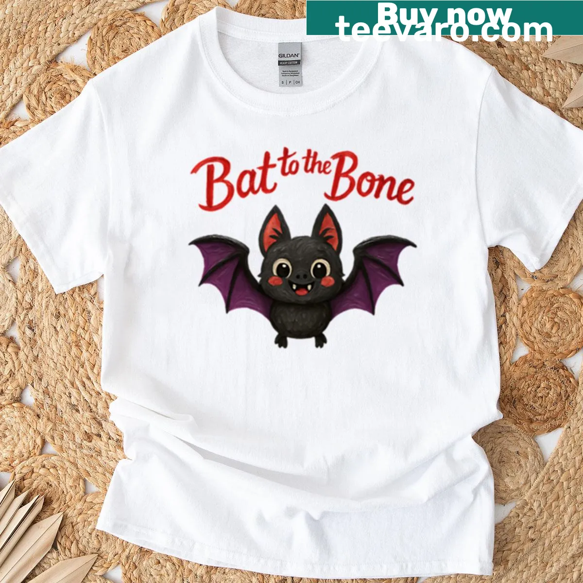 Cute kawaii bat Halloween T-shirt with pun 'Bat To The Bone' — on a men's t-shirt