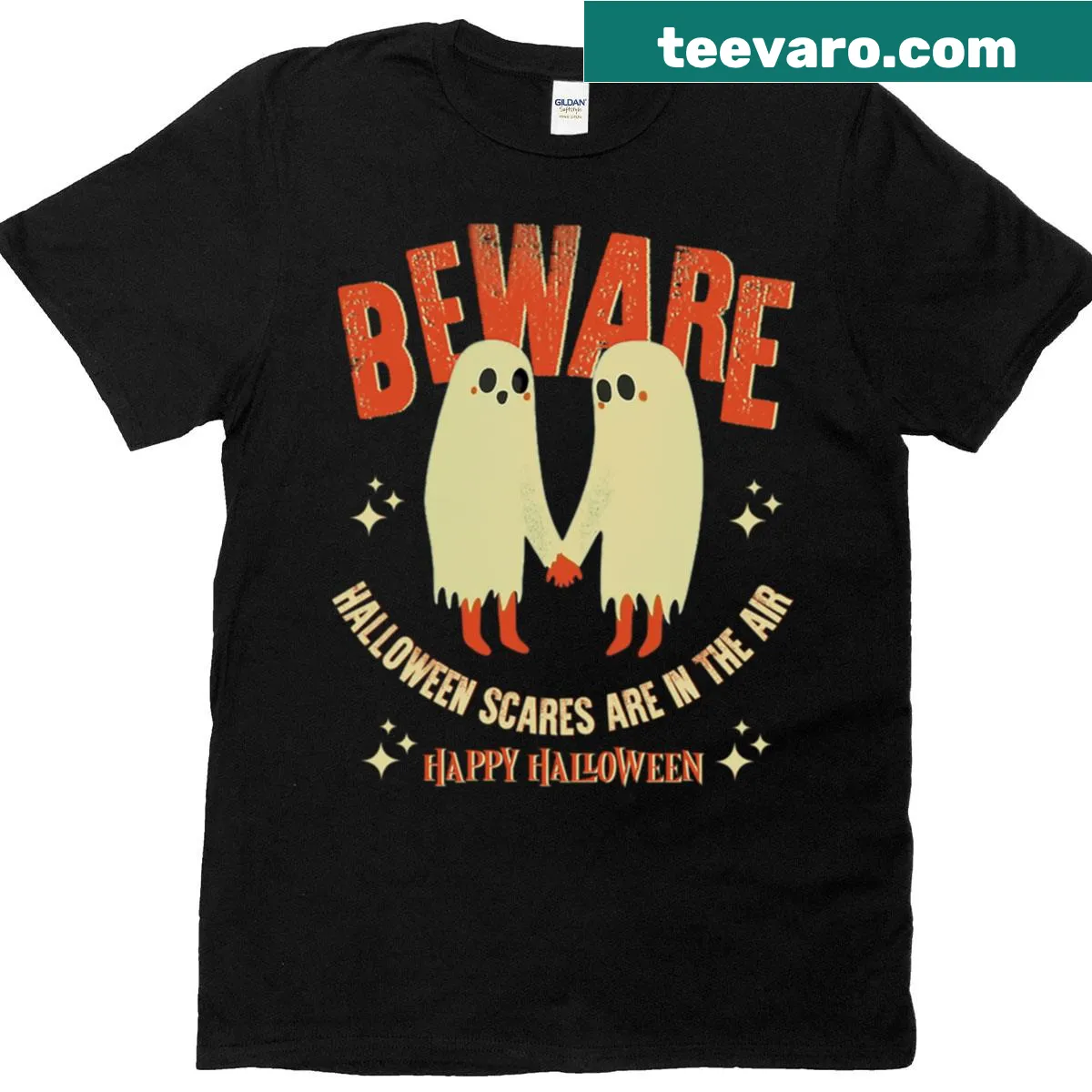 Cute ghost Halloween t-shirt with the text 'Beware Halloween Scares' — on a men's t-shirt