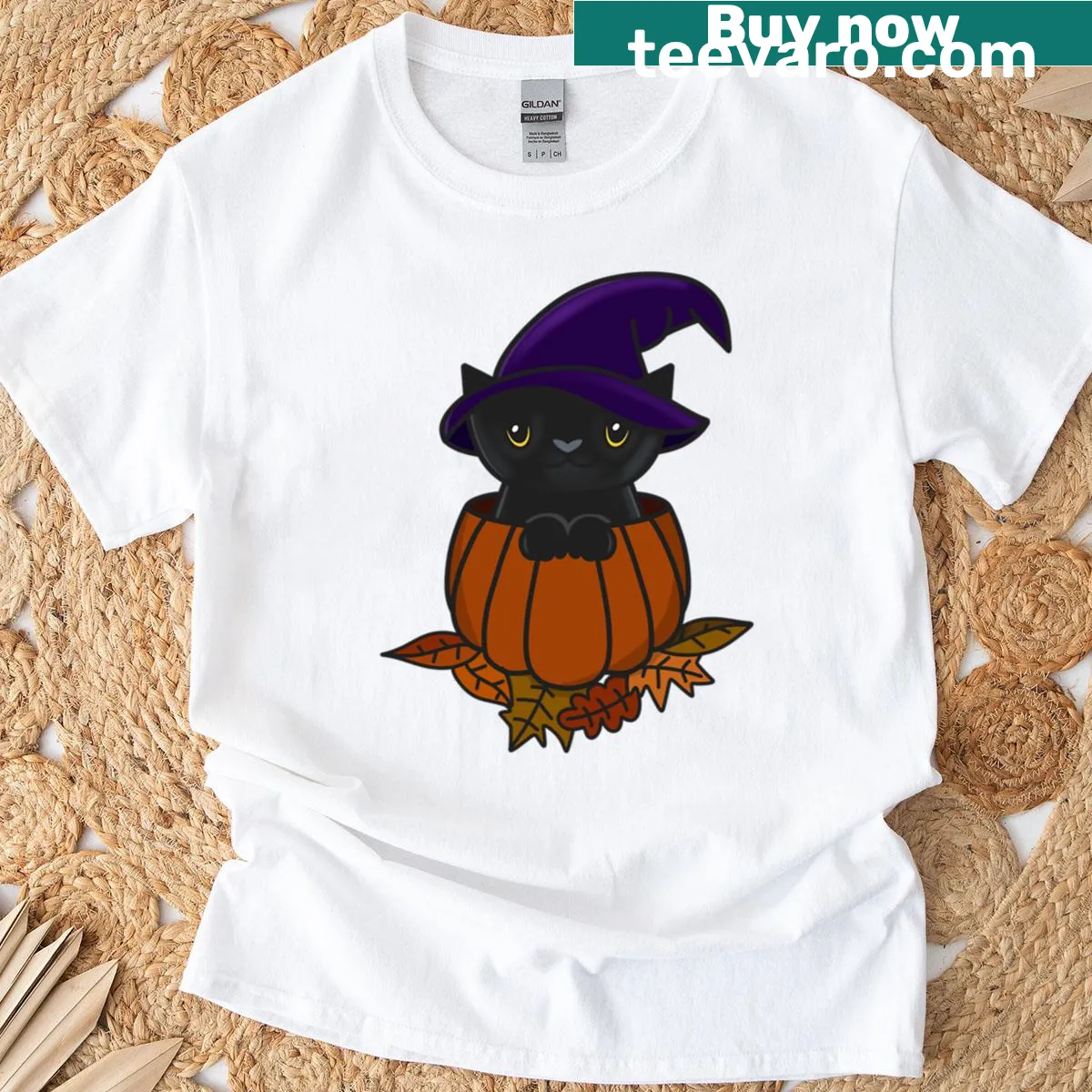 Illustration of a black cat sitting inside a pumpkin on a T-shirt — on a men's t-shirt