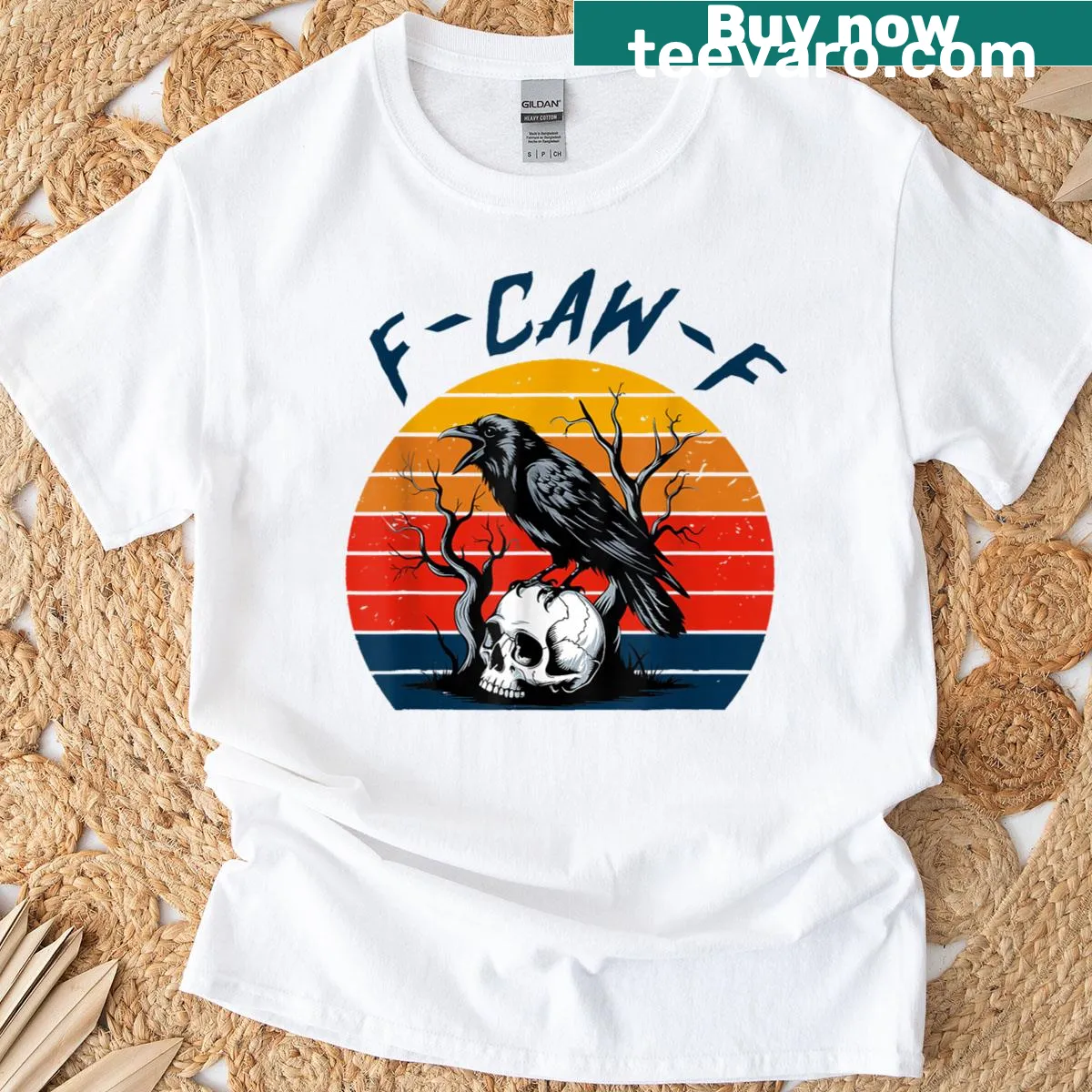 Vintage crow T-shirt with humorous F-caw-f text and cartoon crow illustration — on a men's t-shirt