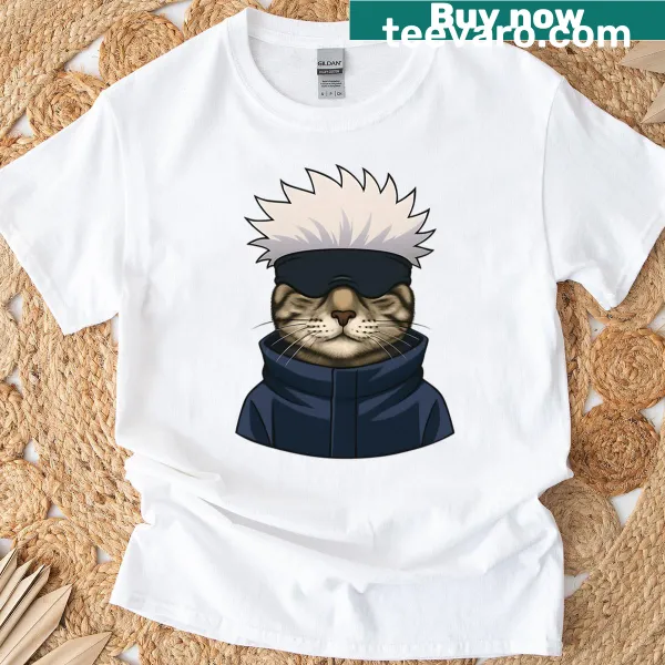 Funny illustration of a cat in blindfold mode on a t-shirt