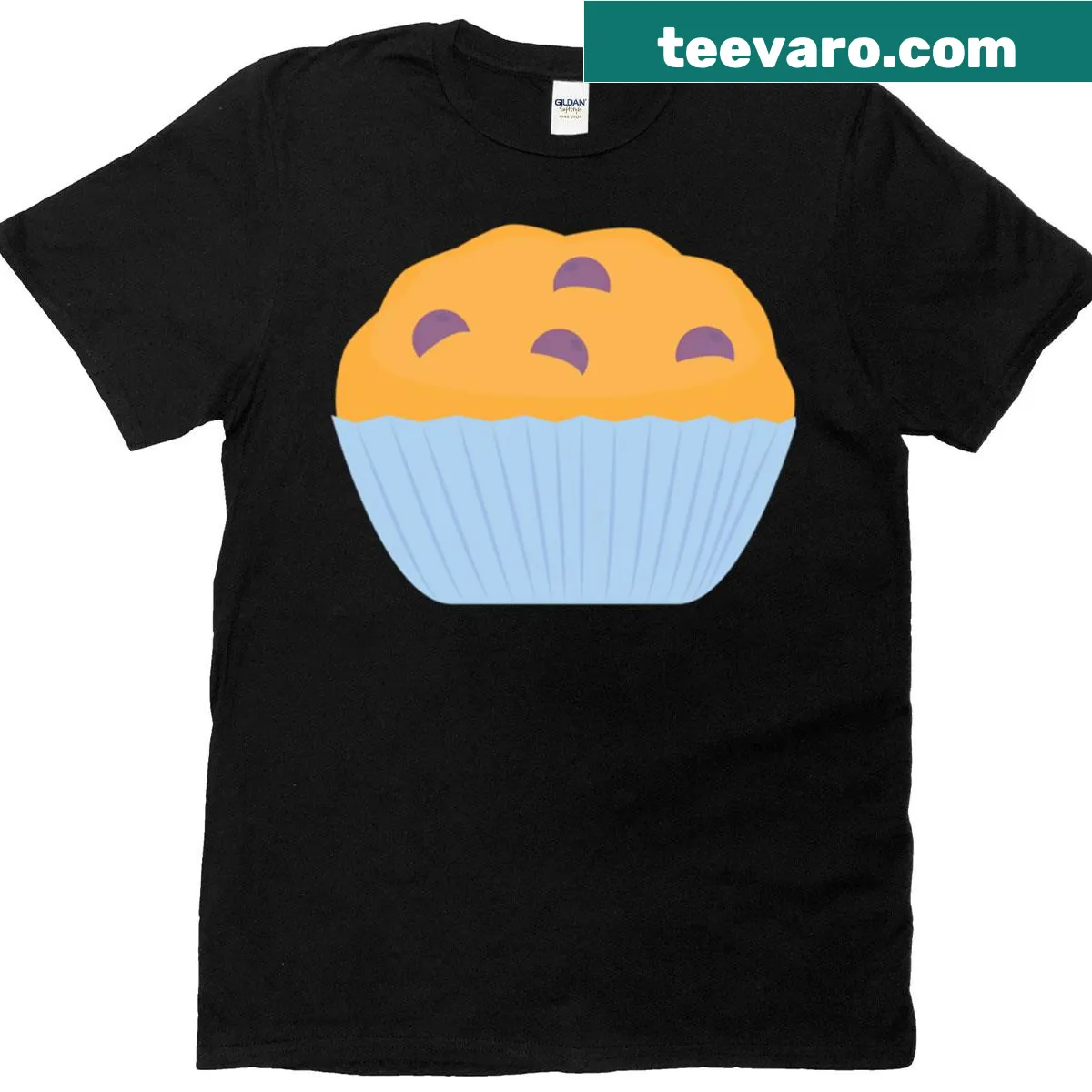 Illustrated blueberry muffin graphic on a playful T-shirt — on a men's t-shirt
