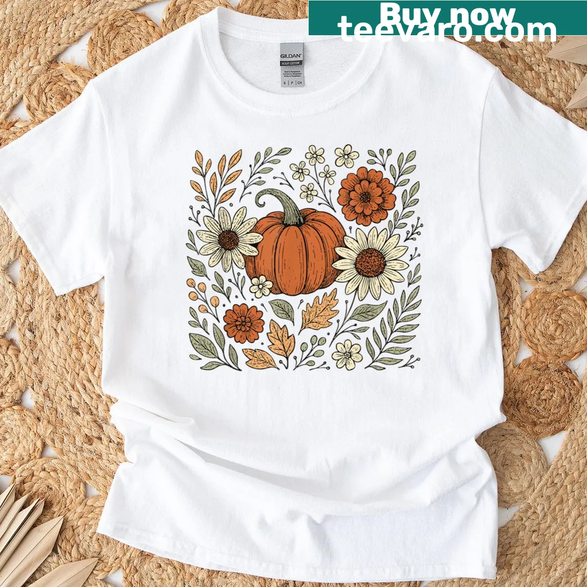 Boho vintage pumpkin graphic with floral design for fall — on a men's t-shirt
