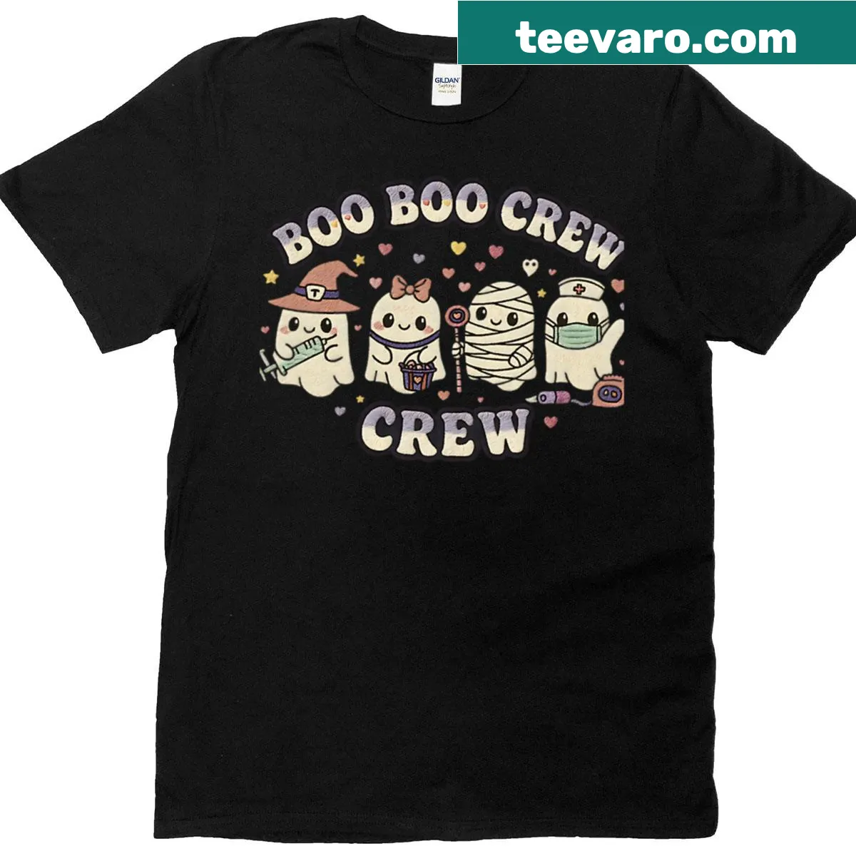 Oversized T-shirt featuring cute Halloween ghosts and friends illustration — on a men's t-shirt