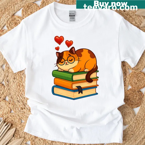 T-shirt featuring book graphics and playful cat imagery for cat lovers.
