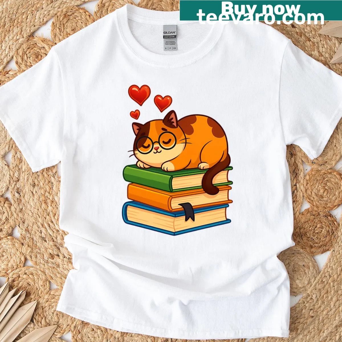 T-shirt featuring book graphics and playful cat imagery for cat lovers. — on a men's t-shirt