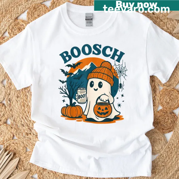 Funny ghost graphic with beer on Halloween-themed shirt