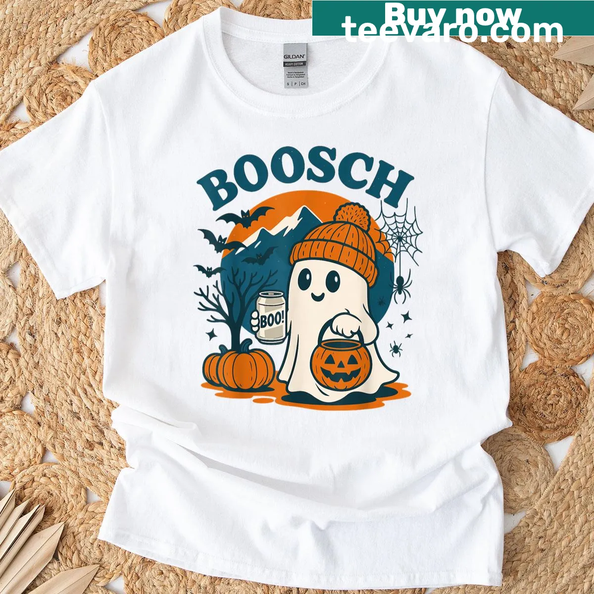 Funny ghost graphic with beer on Halloween-themed shirt — on a men's t-shirt