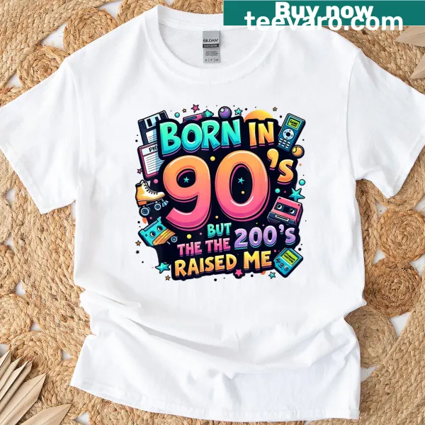 Vintage-style t-shirt celebrating the 90s and 2000s eras with bold text