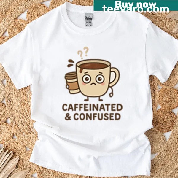 Funny coffee-themed t-shirt with a cute confused character and coffee cups