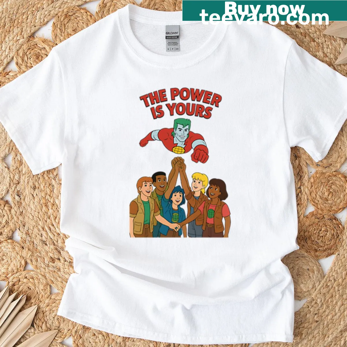 T-shirt featuring the phrase 'The Power Is Yours' from Captain Planet, promoting environmental awareness. — on a men's t-shirt