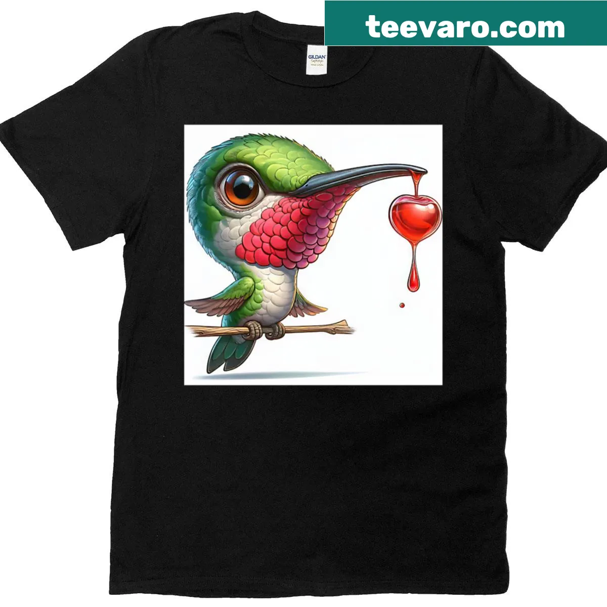 Cartoon hummingbird T-shirt featuring a playful caricature — on a men's t-shirt