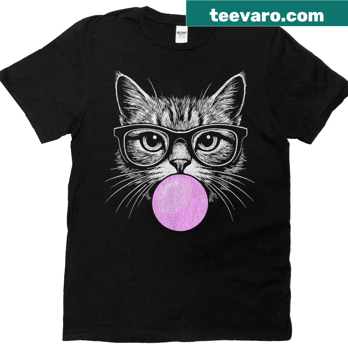 Cute cartoon cat T-shirt with glasses and bubblegum theme — on a men's t-shirt