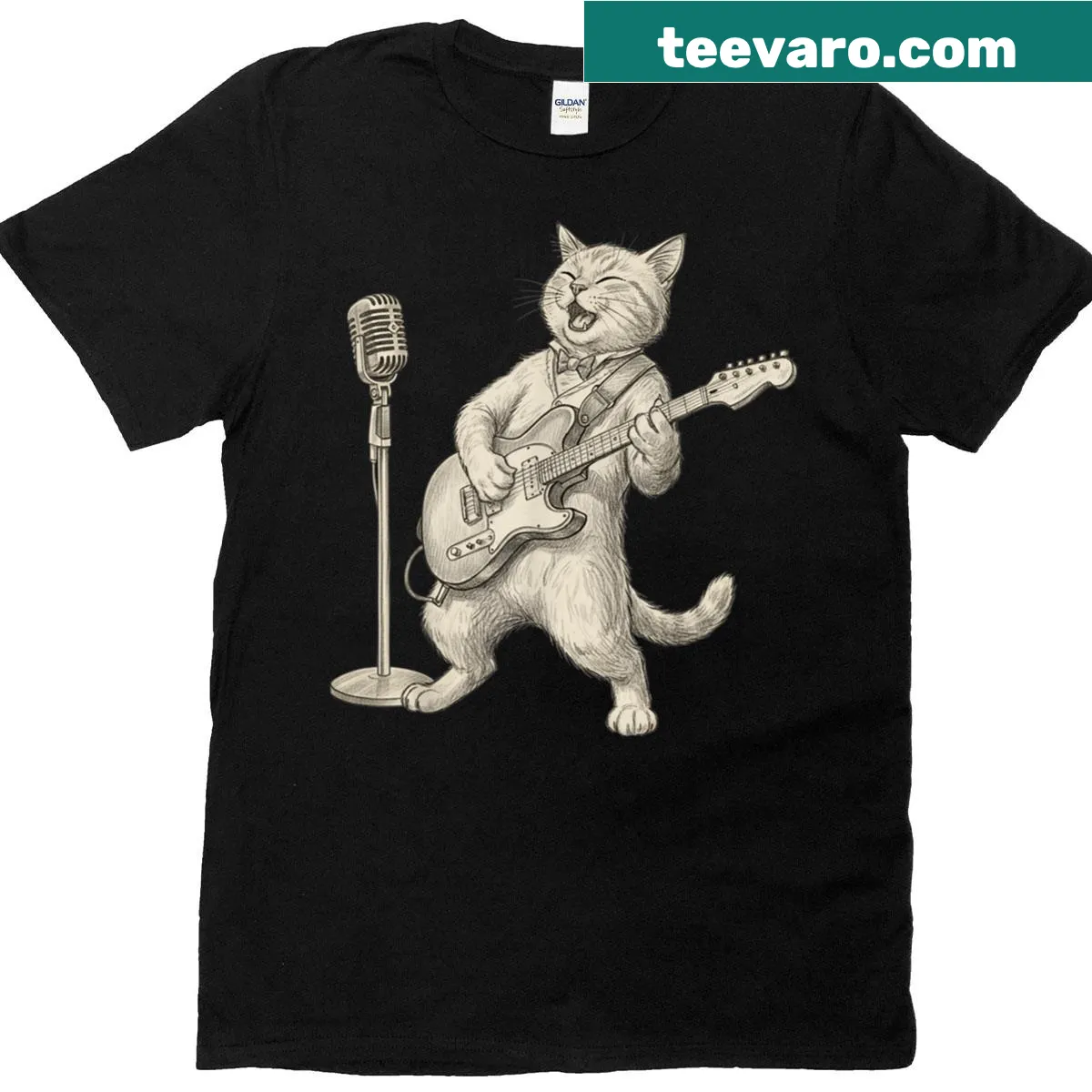 Vintage T-shirt with a cartoon cat playing guitar and rock star theme — on a men's t-shirt