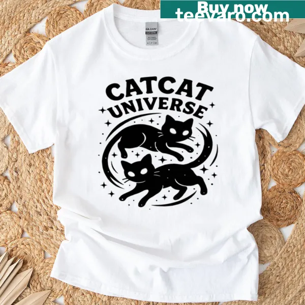 Whimsical Catcat Universe t-shirt with cats among stars