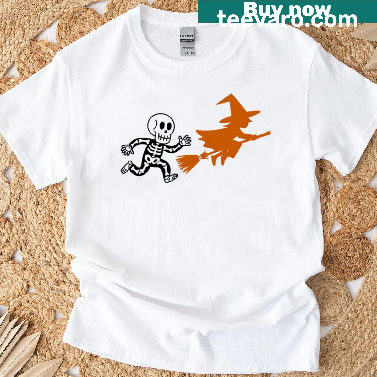 T-shirt featuring a playful illustration of a skeleton witch for Halloween fans. — on a men's t-shirt