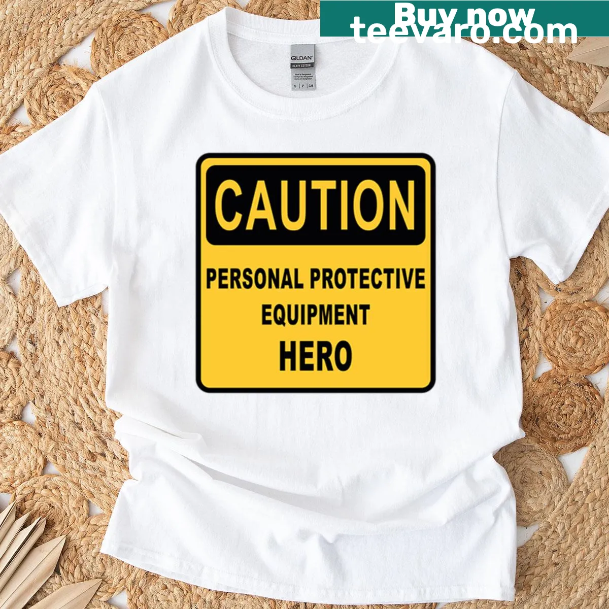 Caution Personal Protective Equipment Hero graphic on a t-shirt — on a men's t-shirt