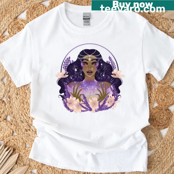 Celestial-themed jasmine flower graphic on a T-shirt.