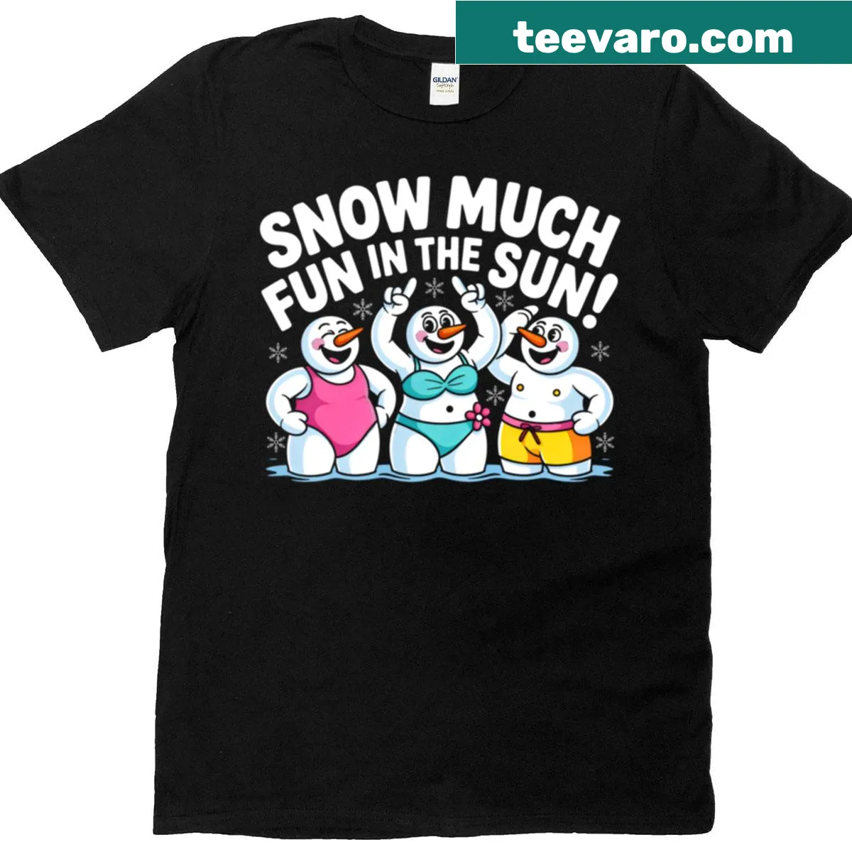 Oversized T-shirt featuring snowmen in vibrant swimwear — on a men's t-shirt