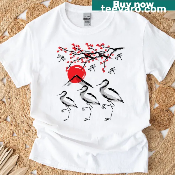 Illustrated egret in cherry blossom tree on vintage-style t-shirt