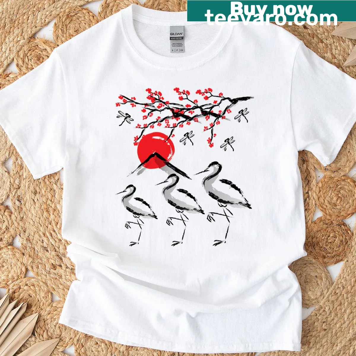 Illustrated egret in cherry blossom tree on vintage-style t-shirt — on a men's t-shirt