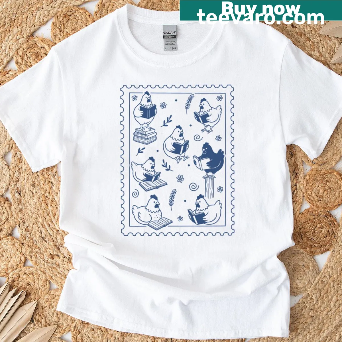 Funny t-shirt featuring cartoon chickens reading books, perfect for book-loving moms — on a men's t-shirt