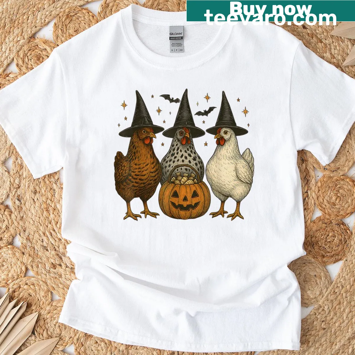Funny graphic of chickens in Halloween costumes on a t-shirt — on a men's t-shirt