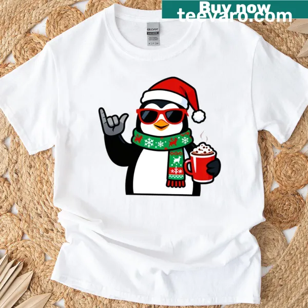 Cartoon penguin in festive attire on a Christmas T-shirt