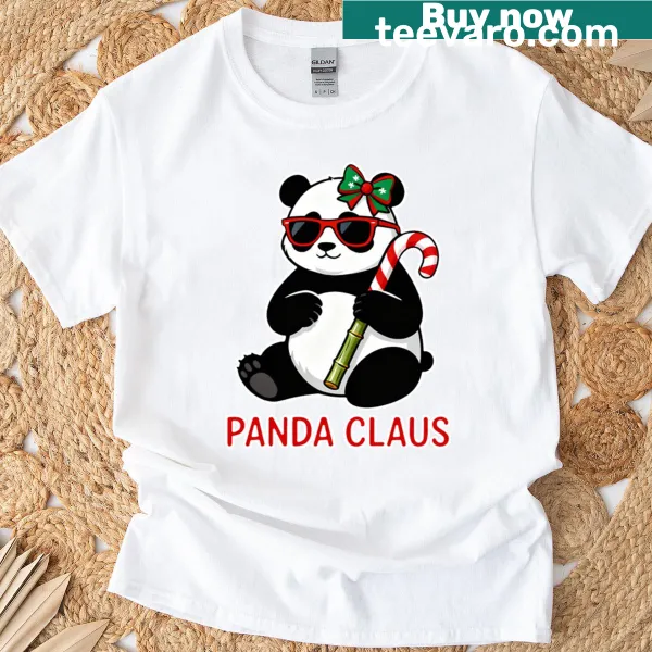 Cartoon panda in Santa outfit graphic on a Christmas T-shirt