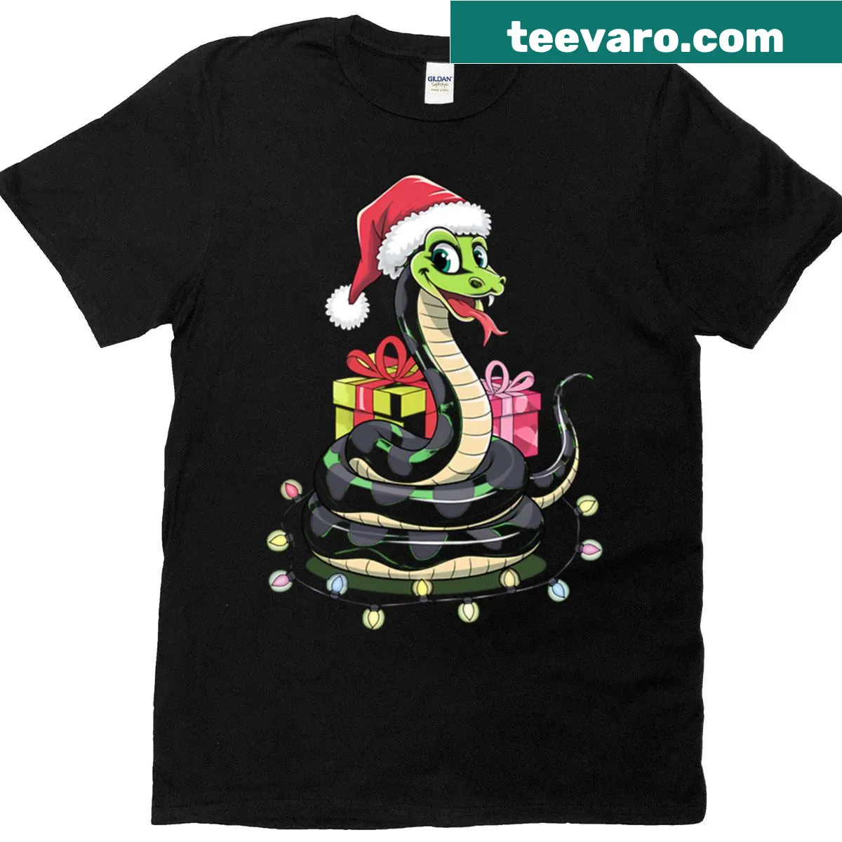 Playful Christmas-themed T-shirt featuring snake lights — on a men's t-shirt