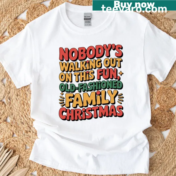 Retro family quote typography on an oversized Christmas T-shirt.