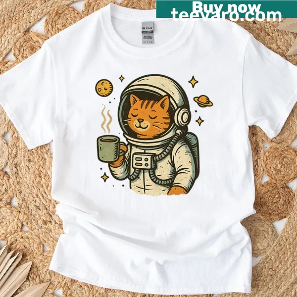 Cartoon T-shirt featuring a cat astronaut drinking coffee in space.