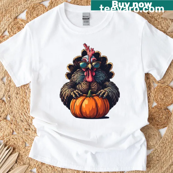 Cartoon turkey in sunglasses holding a pumpkin on a t-shirt