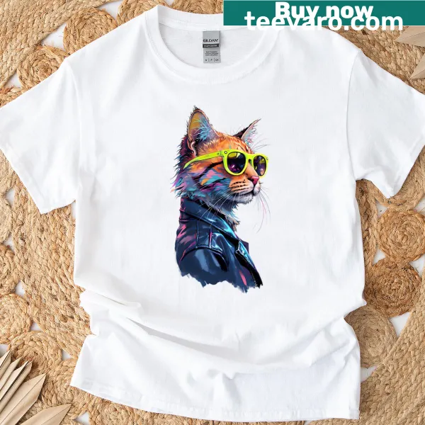 Illustrative cat wearing sunglasses and a leather jacket on T-shirt