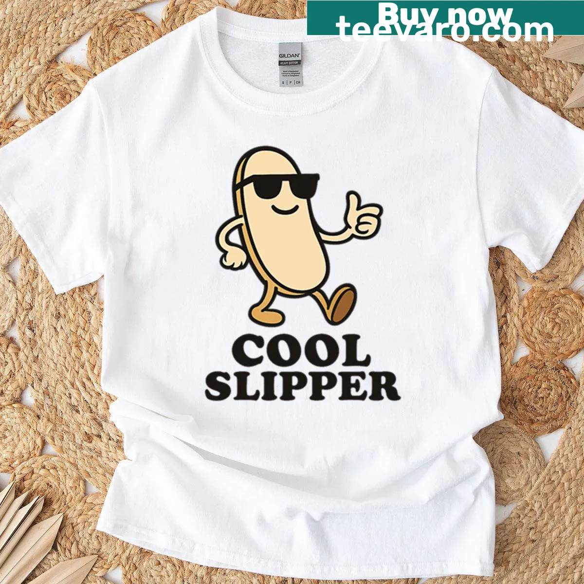 Funny cartoon T-shirt with a relaxed slipper character design — on a men's t-shirt