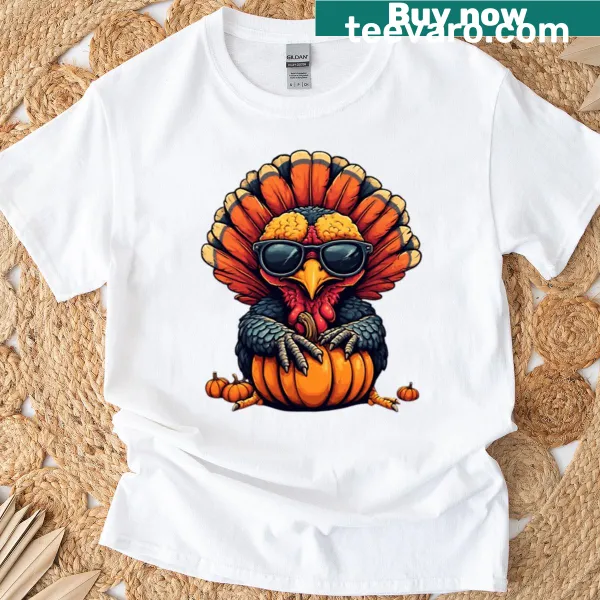 Turkey in sunglasses illustration on a t-shirt for Thanksgiving