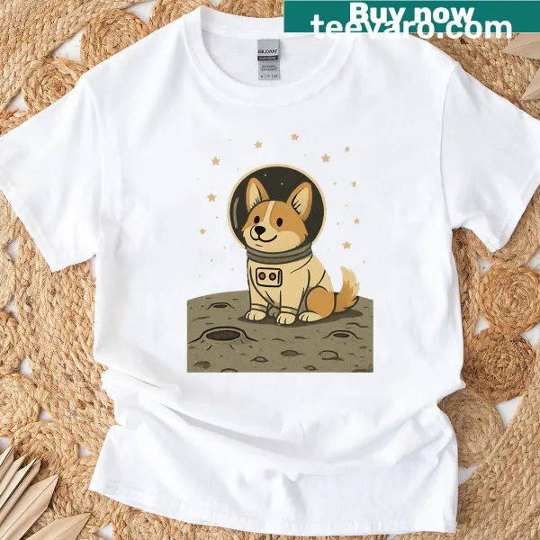 T-shirt with an astronaut corgi graphic and space theme.