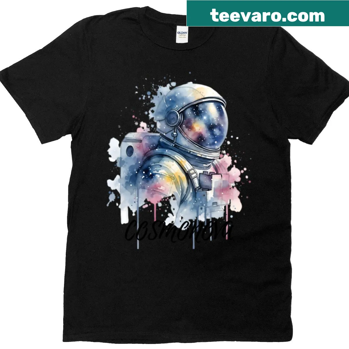 Watercolor astronaut graphic for space enthusiasts — on a men's t-shirt