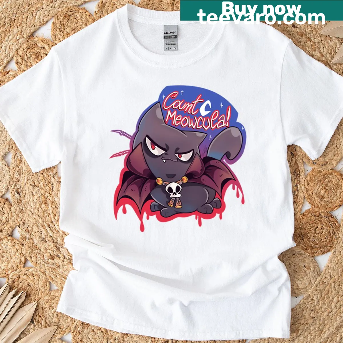 Boxy t-shirt featuring Count Meowcula, a cat vampire graphic — on a men's t-shirt