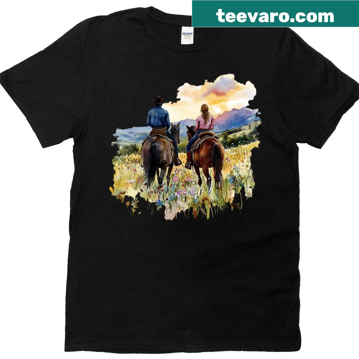 Cowboy and cowgirl riding at sunset design on a T-shirt — on a men's t-shirt