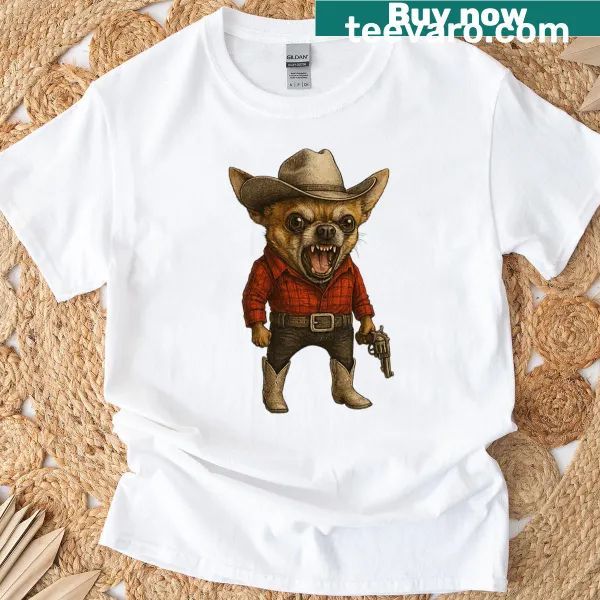 Vintage-style T-shirt featuring a Chihuahua in cowboy attire.